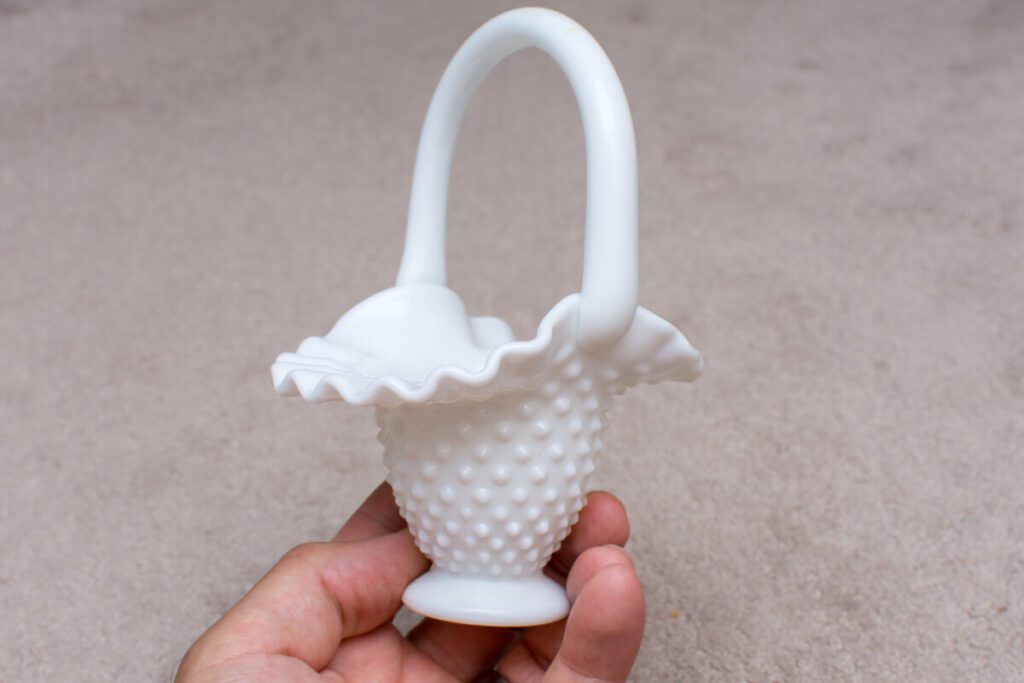 Fenton hobnail milk glass small basket with handle