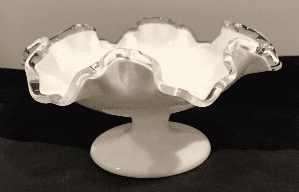 Fenton milk glass compote with silver crest