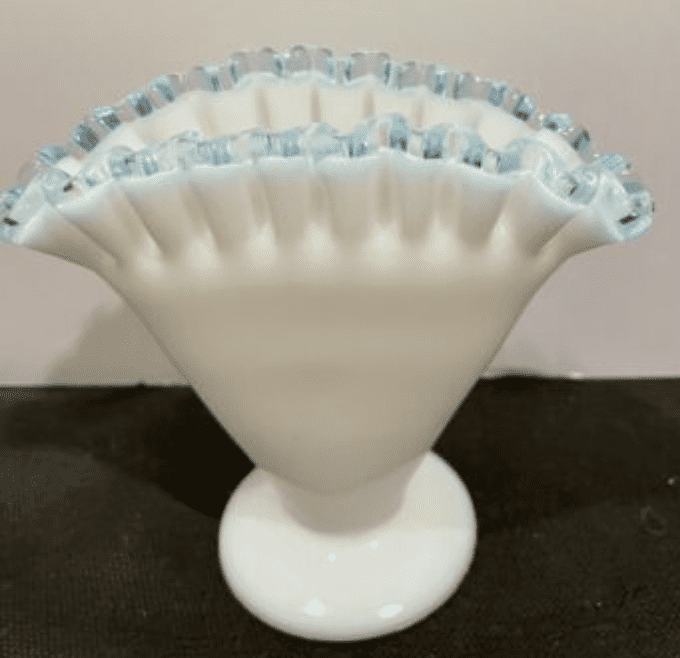 milk glass fan vase with blue silver crest rim