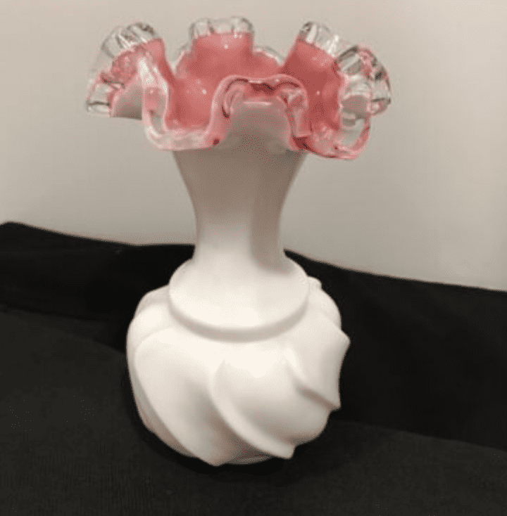 fenton milk glass vase with silver crested rim and pink underlay peach bloom