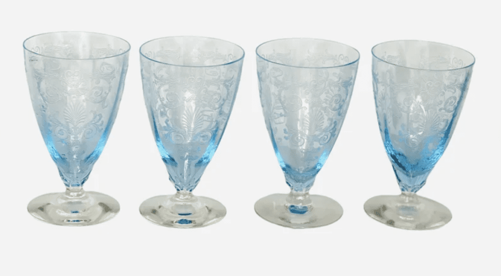 Set of 4 Fostoria Depression glass azure blue/Versailles Etched tumblers