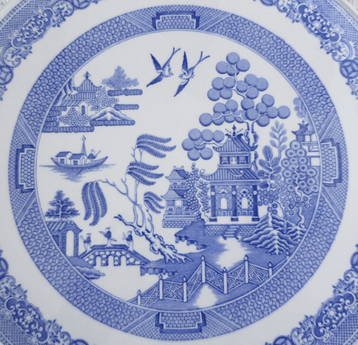 Spode Blue Willow Plate showing the Willow Pattern Story