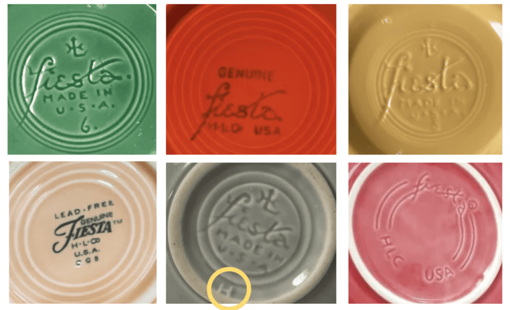 Various Ages of Fiesta Markings - The Top 3 are vintage while the bottom 3 are modern Fiestaware items.
