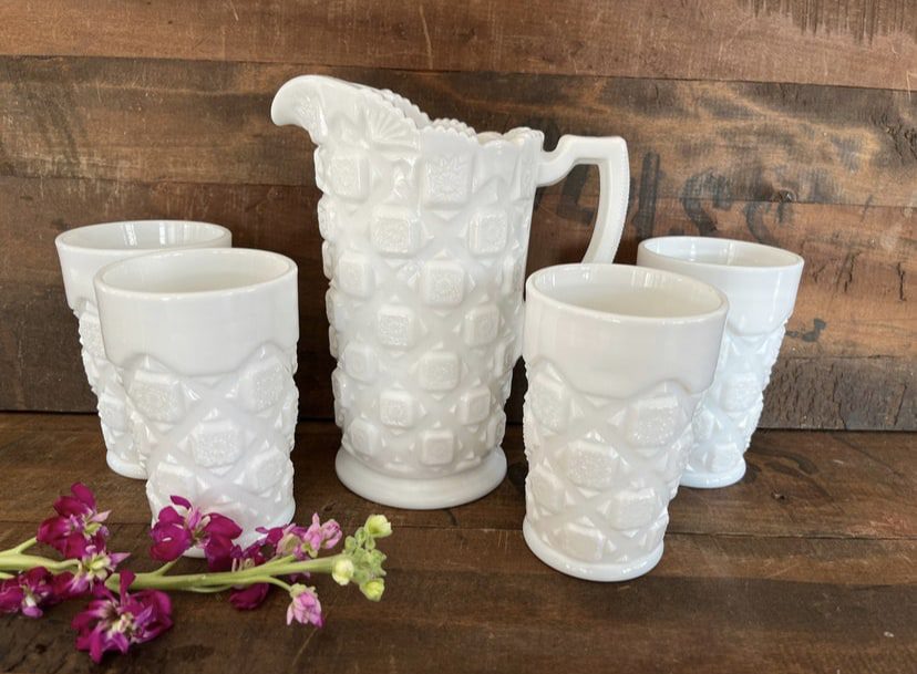Westmoreland Milk Glass Quilt Pattern Pitcher and Tumblers Stamped Mark on Bottom
