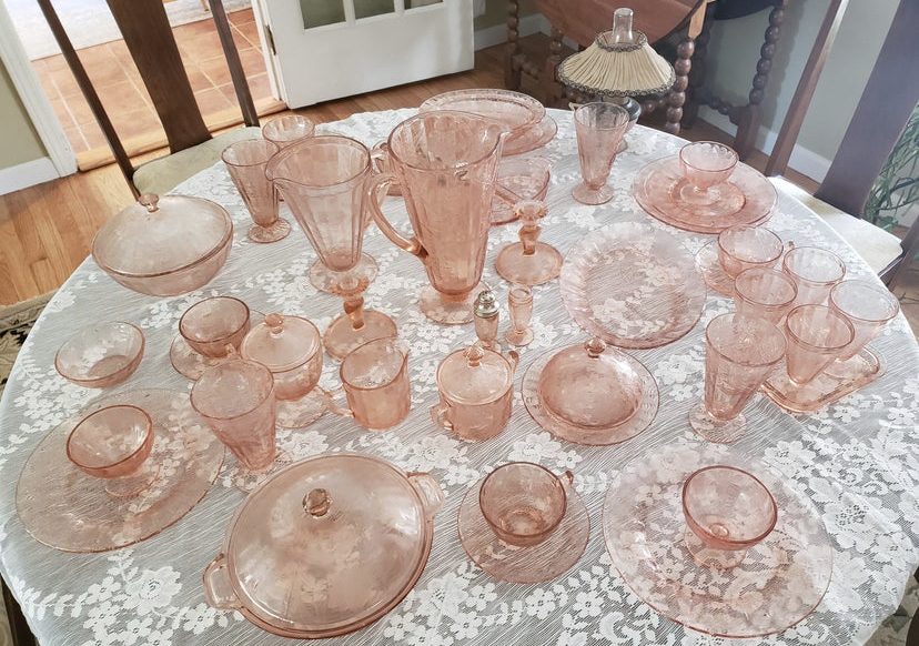 Jeannette Floral Pink Poinsettia Depression Glass Set - $1500