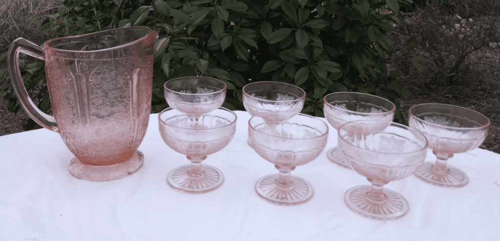 Jeanette Cherry Blossom Pink Depression Glass Pitcher and 7 Mayfair Anchor Hocking Low Sherbet Set