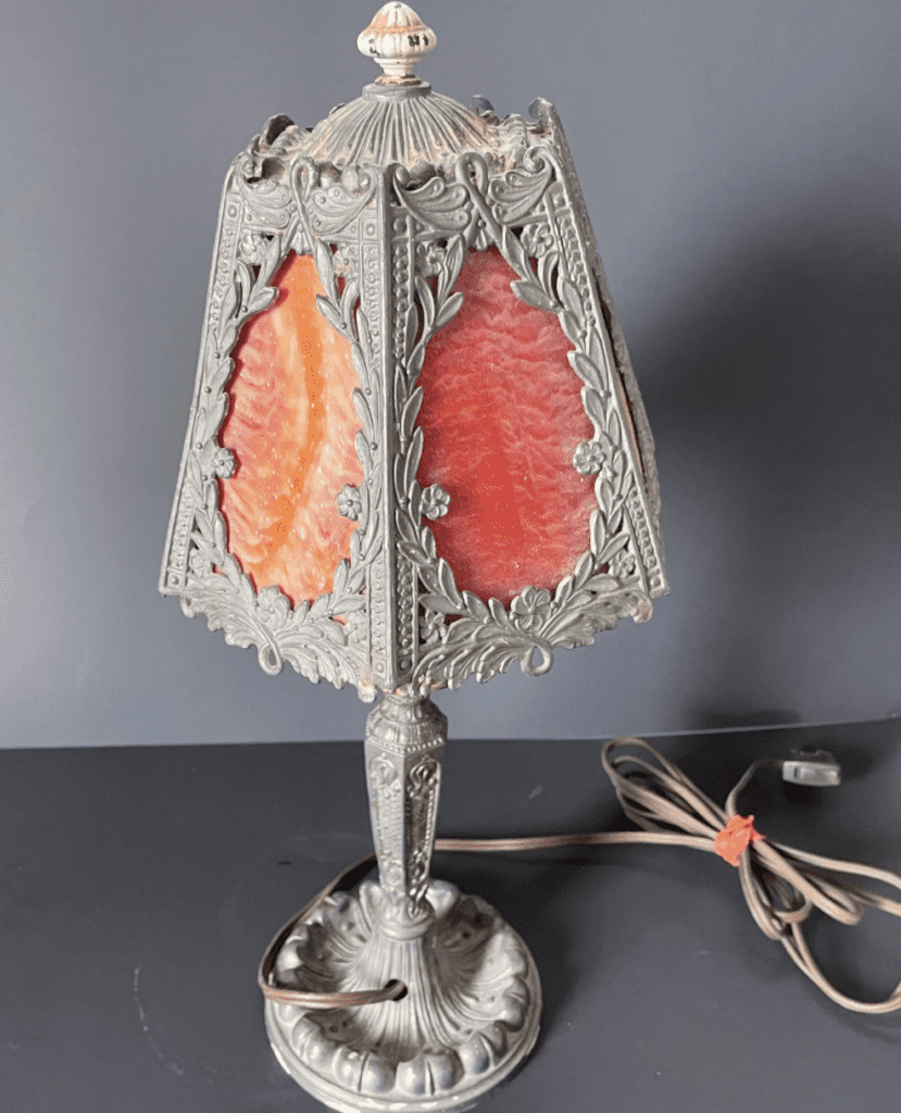 Vintage Metal and Red Slag Glass Table Lamp