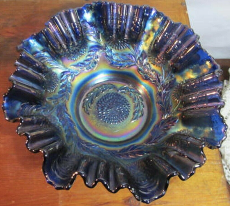 Fenton Ten Mums Blue Carnival Glass Ruffled Bowl 