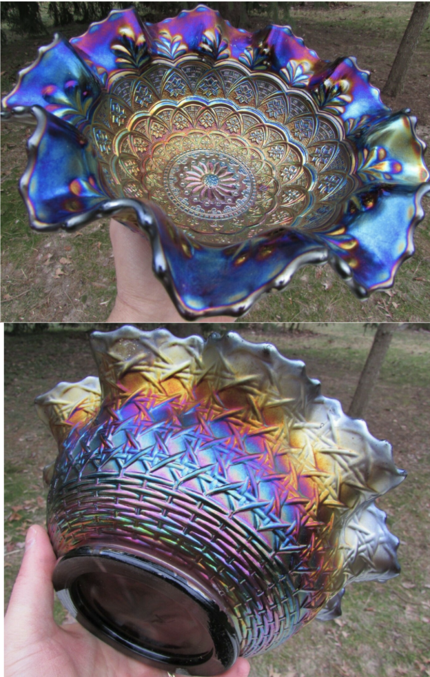 Dugan "Persian Garden" Amethyst Carnival Glass Ruffled Bowl
