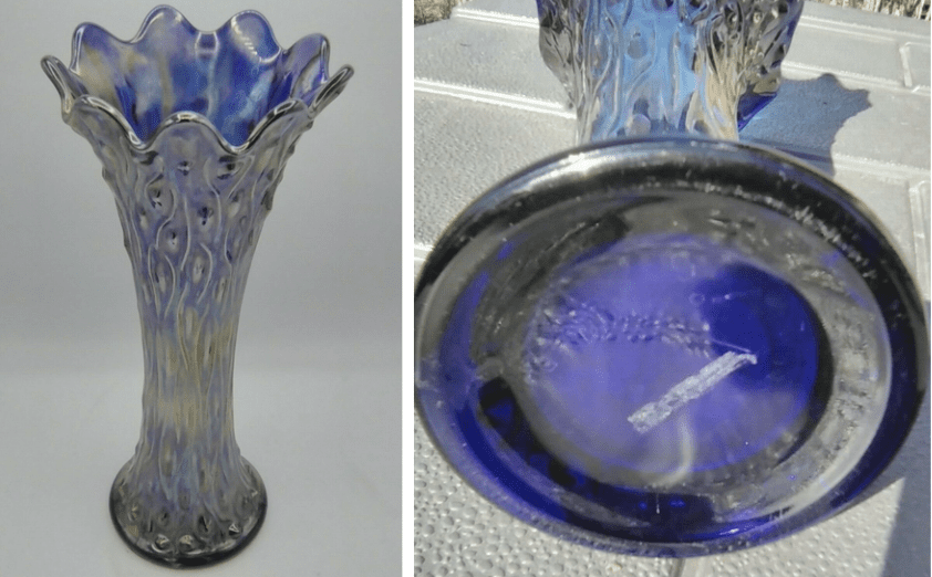 See closeup of the bottom of the vase to get the base color of cobalt blue - Vintage Northwood Carnival Glass Tree Trunk Vase Cobalt Blue