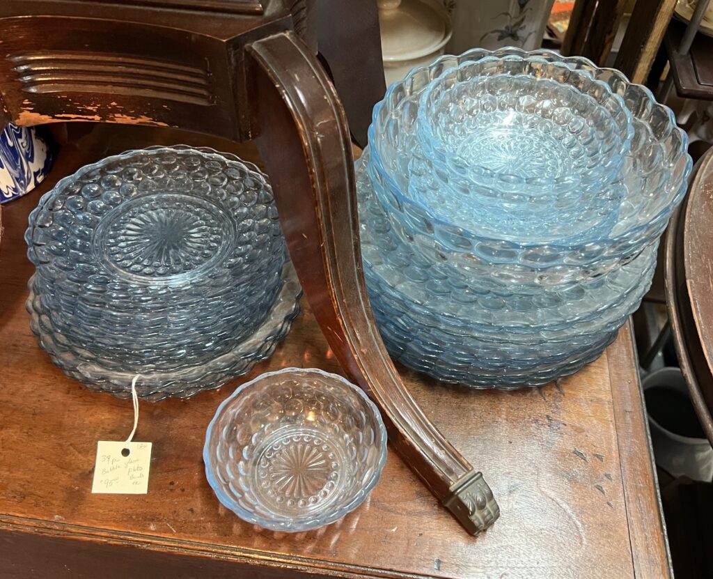 Blue Bubble Glass Depression Ware Set Bowls and Plates