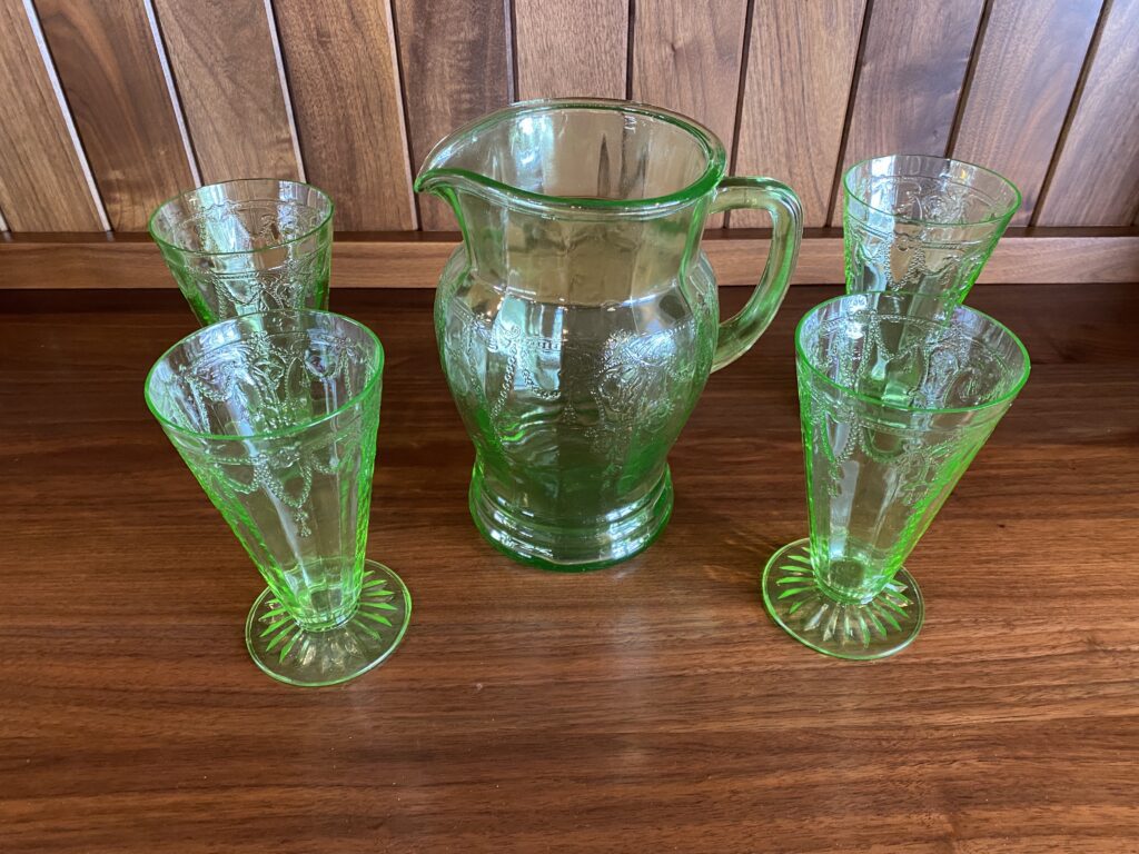 Green Depression Glass Cameo Pattern Pitcher and Glasses