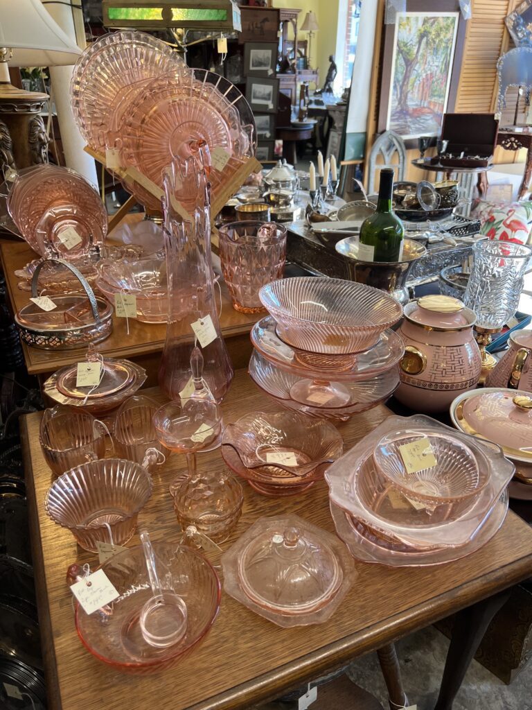 Pink Depression Glass Collection serving bowls, covered butter dish, plates, etc.