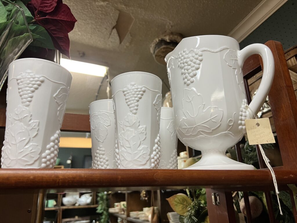Milk Glass Pitcher and Drinking Glasses