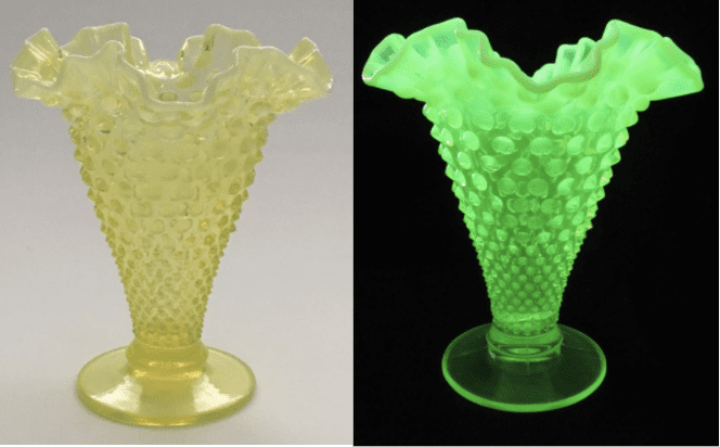 Fenton Uranium Glass Opalescent Hobnail Flared Trumpet Vase, Mid Century Vaseline Glass Vase