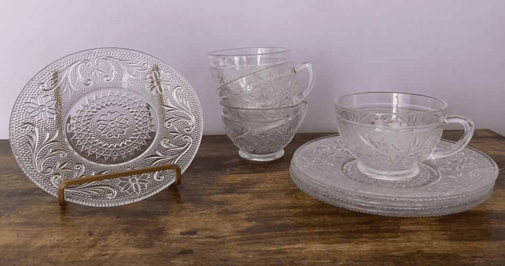 Indiana Glass Tiara Clear Teacups & Saucers