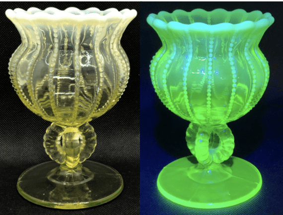 Northwood Glass - "Beaded Panels" (AKA Opal open) Footed Rose Bowl - Vaseline Glass With Opalescent Rim, Ca 1910 - Canary Opalescent Glass
