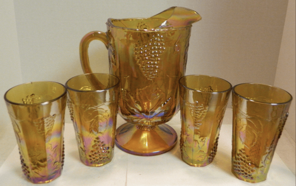 Amber Carnival Glass Pitcher Set by Indiana Glass Co Harvest Grape Pattern