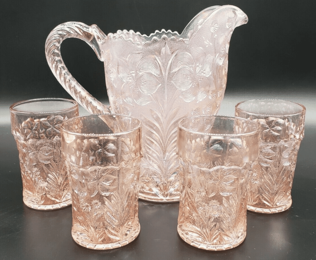 Vintage Imperial Glass Pink Carnival Tiger Lily Pitcher and Tumbler Drink Set 