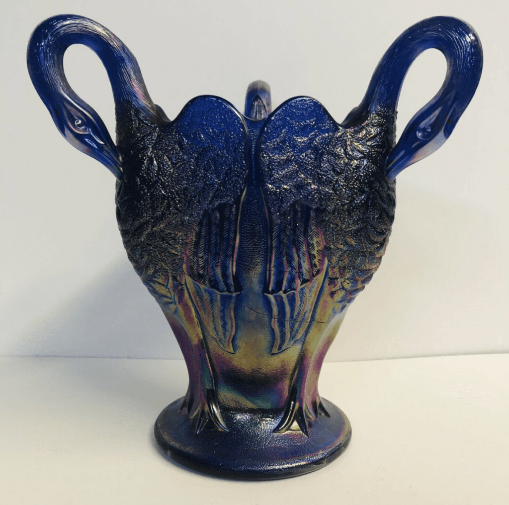 Imperial Glass Aurora Jewels Carnival Vase Blue Iridescent with 3 Swans 