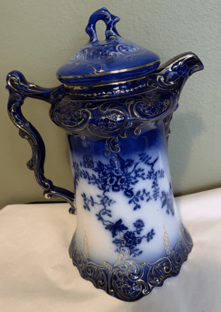 Antique Flow Blue Chocolate Pot La Belle China - Wheeling Pottery 