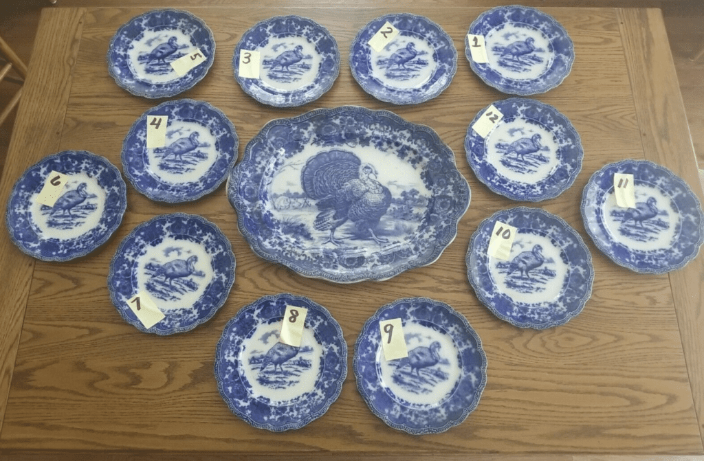 1900 Ridgways "Turkey" Flow Blue Platter & Plates Set 13 Pieces