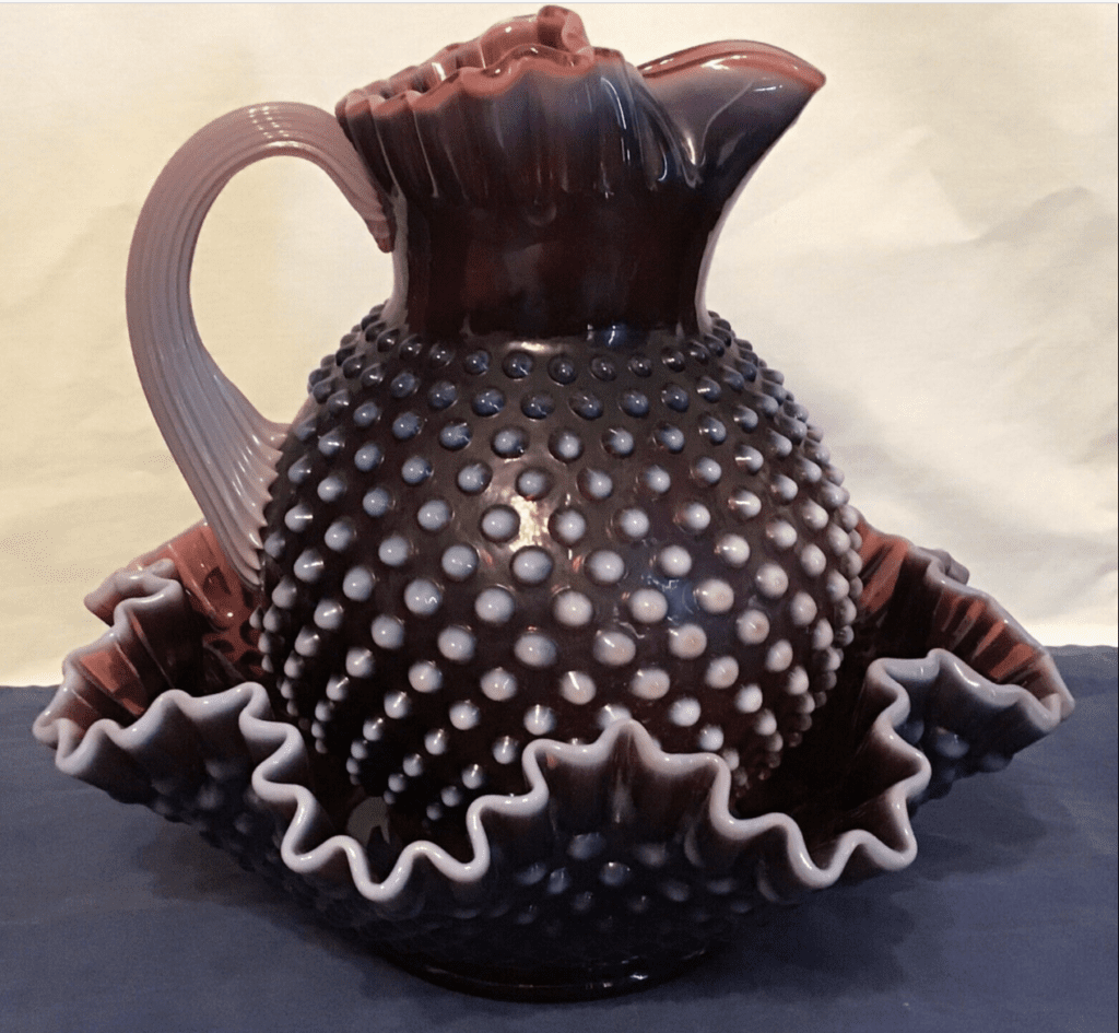 Vintage Fenton Art Glass Plum Opalescent Hobnail Bowl and Pitcher Set