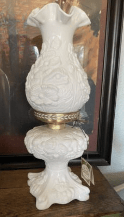 Fenton Milk Glass Hurricane Oil Lamp in Poppy Pattern