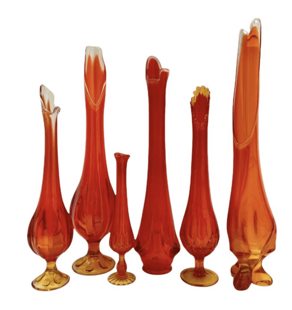 Assorted Mid Century 1960s 1970s Orange Swung Glass Vases from Viking and L E Smith