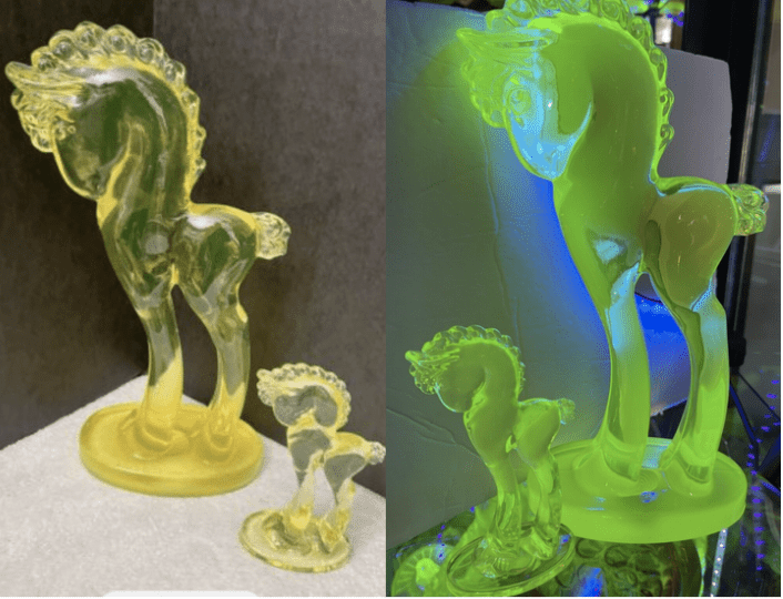Mosser Vaseline Glass Large Trojan Horse and Pony Uranium Glass