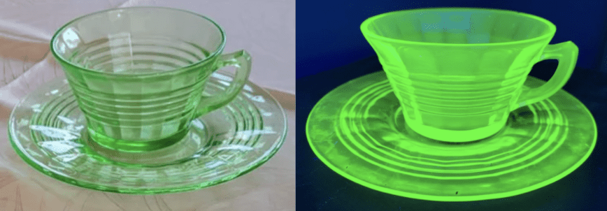 Vintage Uranium Glass Hocking Circle Pattern Cup and Saucer