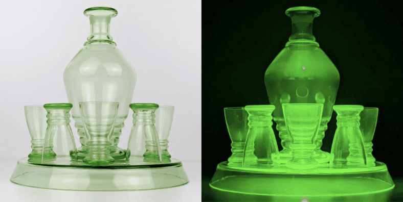 Uranium Glass Decanter with Shot Glasses And Serving Tray