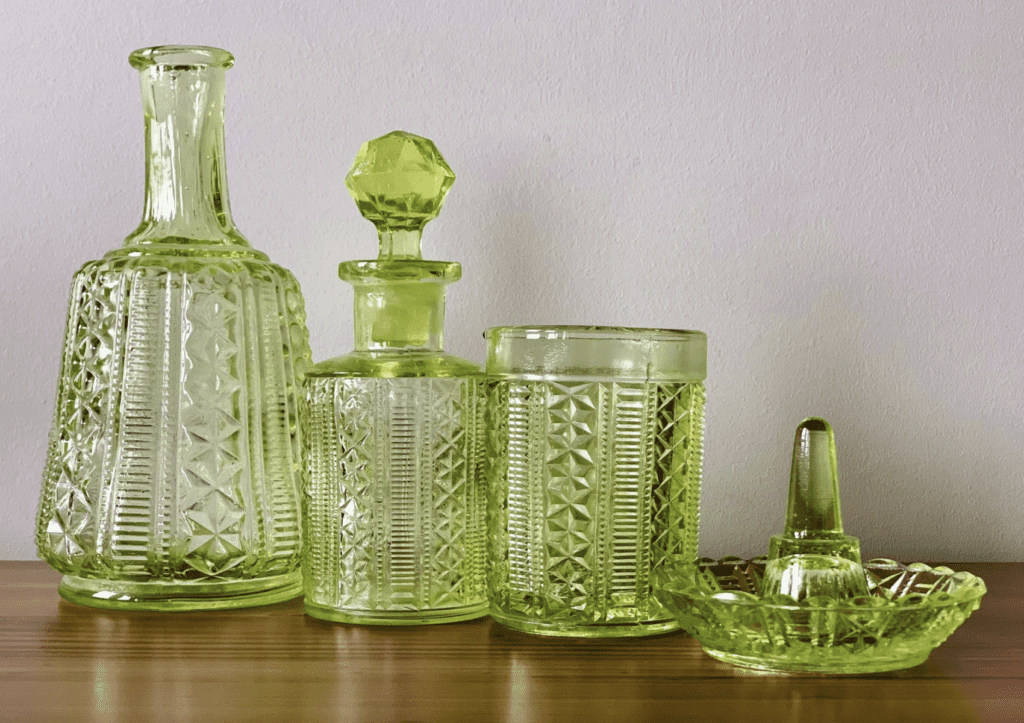Uranium Green Glass Vanity Set, Antique Perfume Bottle, Water Bottle, Water Glass, Ring Holder, Set of 4, Vanity Decor, Art Glass, Art Deco