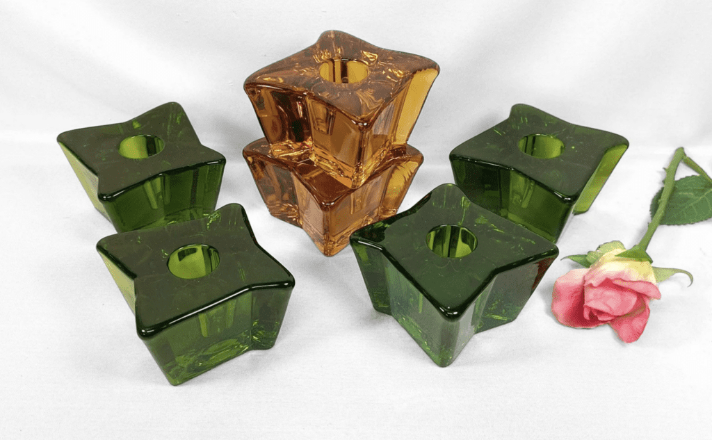 Vintage Viking Glass Astra Candleholders Green Amber Mid Century Atomic