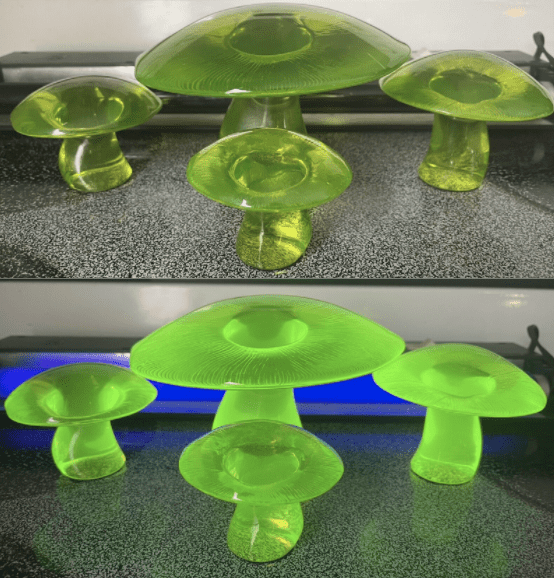 Set of 4 Vintage Viking Glass Vaseline Glass Mushrooms Uranium