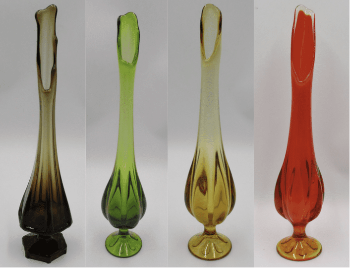 Viking Swung Glass Vases Persimmon, Avocado Green, Amber, Brown Bud vases with pedestals