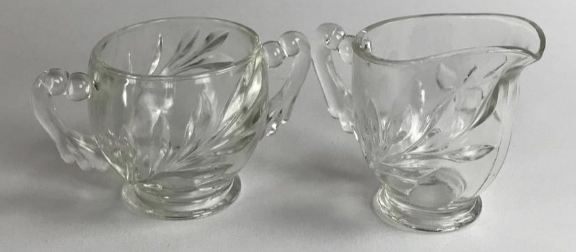 Indiana Clear Glass Willow Design, Clear Footed Creamer and Sugar, Collectible Pressed Glass