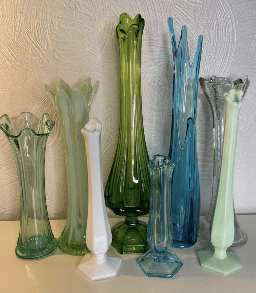 Selection of Vintage Northwood LE Smith Imperial Viking Swung Stretch Finger Vases Green Blue Phosphorescent Glass Vases Vintage Collectible