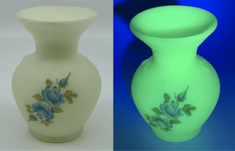 Fenton Blue Roses On Uranium Custard Glass Hand Painted Vase