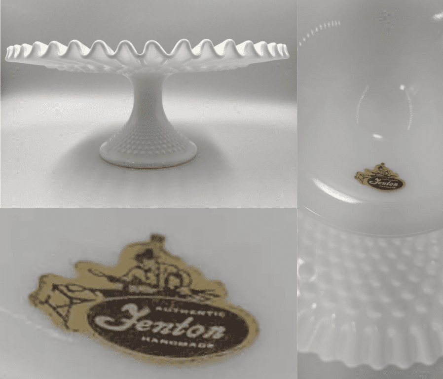 Fenton Hobnail Milk Glass Pedestal Ruffled Edge Cake Plate Marked with Foil Sticker