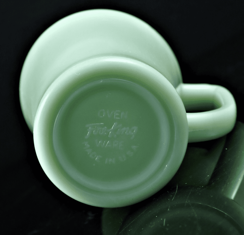 1950's Jadeite Mug Markings - Script Fire-King Logo with OVEN WARE and MADE IN USA Marks