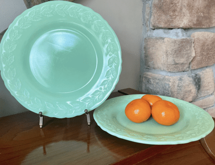 Pair Vintage 9” McKee Jadeite Laurel Dinner Plates