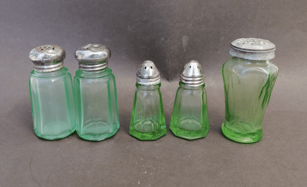 Hazel Atlas Green Depression Glass Uranium Glass Salt Pepper Shakers