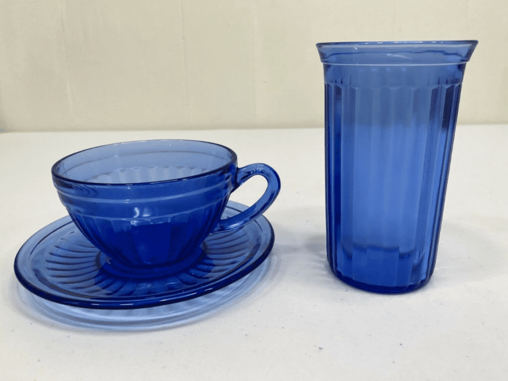 Vintage Hazel Atlas Cobalt Glass Aurora Pattern Cup and Saucer and Tumbler 
