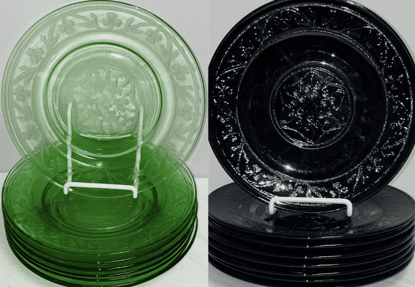 Hazel Atlas Glass Plates in Cloverleaf Pattern Green and Black from tomkat9er2 on Ebay