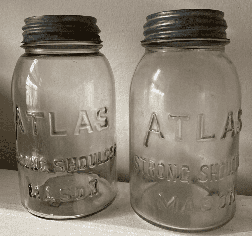 Two Vintage Atlas "Strong Shoulder" Mason Jars with Zinc Lids
