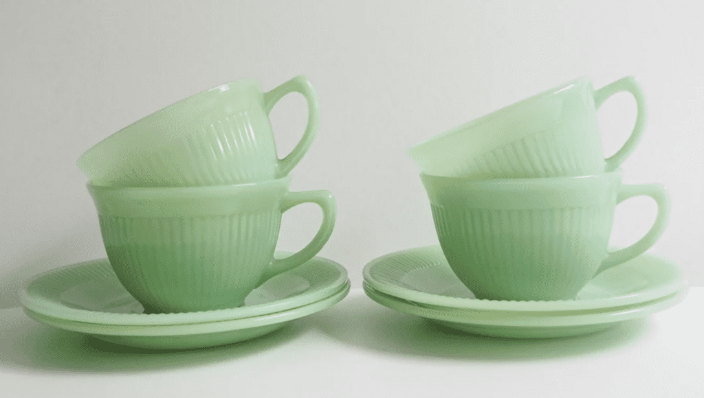 Set of 4 Fire King Jadeite Jane Ray Line Teacups and Saucers
