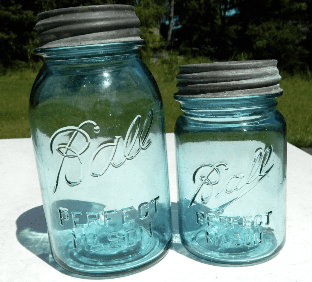 2 Vintage Blue Ball Perfect Mason Glass Jars w/ Zinc Lids Quart & Pint 