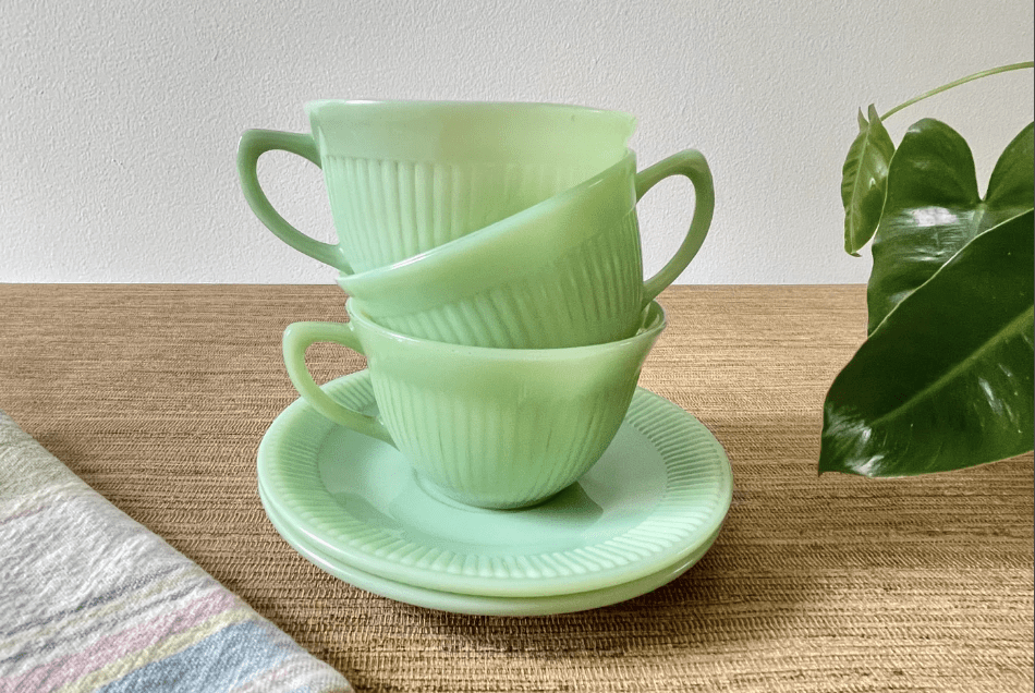 Vintage Fire King Jadeite Cups and Saucers - Jane Ray Line