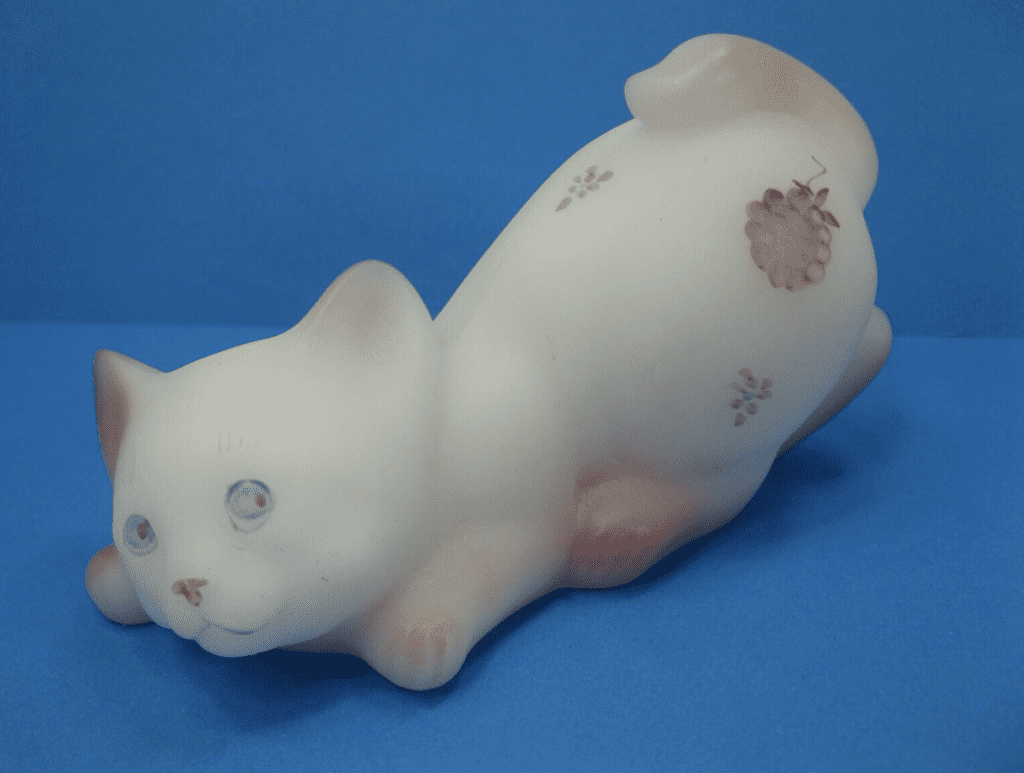 Fenton White Satin Playful or Playing Cat Kitten Hand Painted
